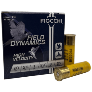 20 Gauge – Fiocchi Field Dynamics #8 Lead Shot 2-3/4″ Plastic Hull – 25 Rounds